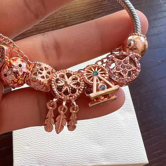 Pandora Rose Gold Pave Heart Clasp Bracelet with Fantasy Rose Gold Theme Charms - Picture 7 of 11